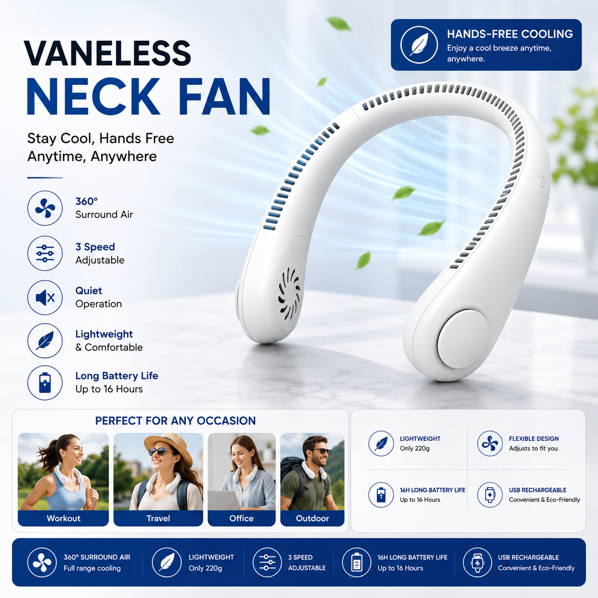 Portable Rechargeable Neck Fan – Hands-Free Wearable Personal Cooling Fan