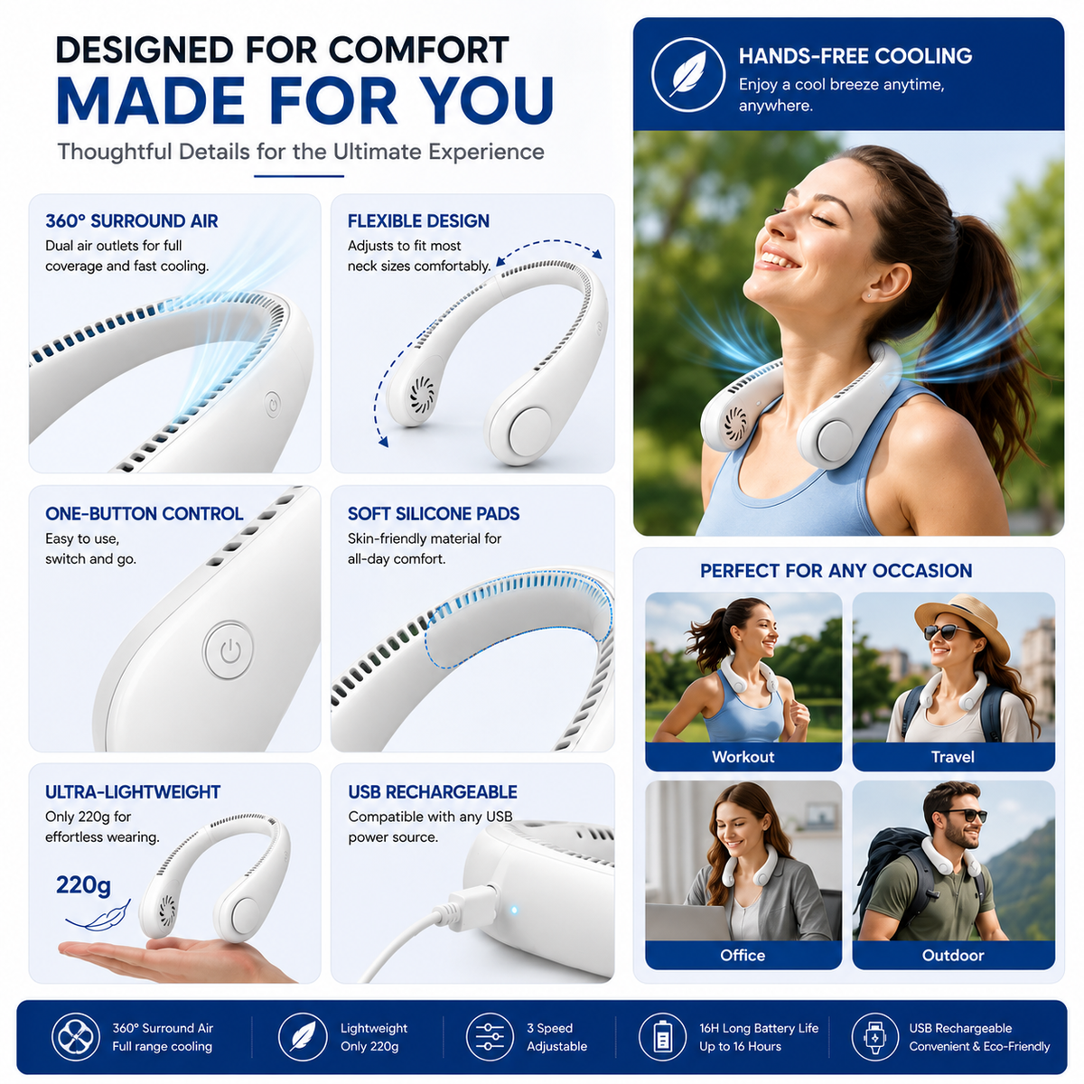 Portable Rechargeable Neck Fan – Hands-Free Wearable Personal Cooling Fan