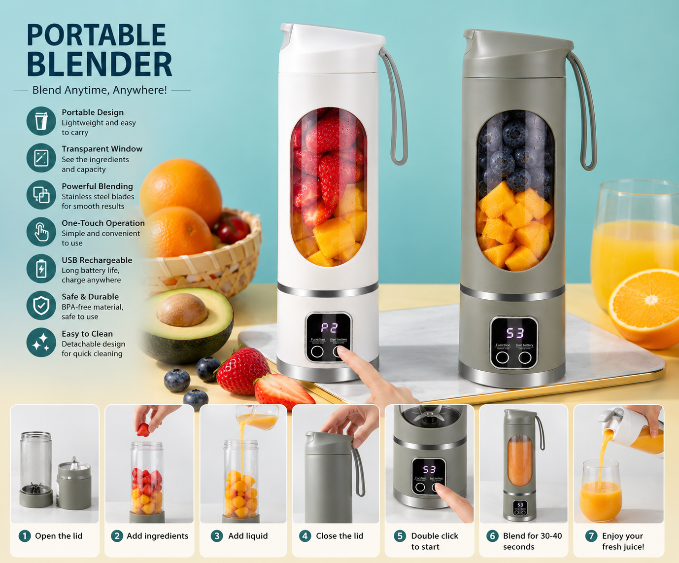 Portable USB Rechargeable Juicer Blender 380ml – Mini Smoothie & Shake Maker